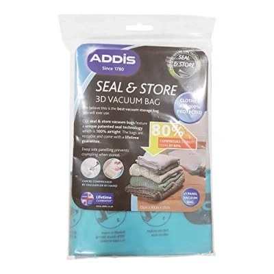 Image of Addis Home Vacuum Storage Bag with 100% air Tight Static Seal &amp; Store Extra Large 3D Cube Design, Clear, 75 x 25 45cm