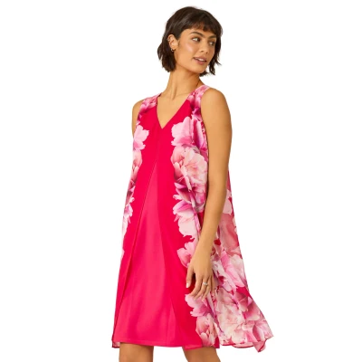 Image of Roman Originals Sleeveless Floral Chiffon Overlay Dress for Women UK Ladies Everyday Holiday Spring Summer V Neckline Comfy Soft Evening Vacation Work Party Pink Size 12
