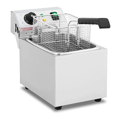 Image of Royal Catering Stainless Steel Deep Fat Fryer Professional Single Basket RCEF 08EB (3,200 W, 8 L, Temperature Range: 50 200 C, Cold Zone, Lid incl.)