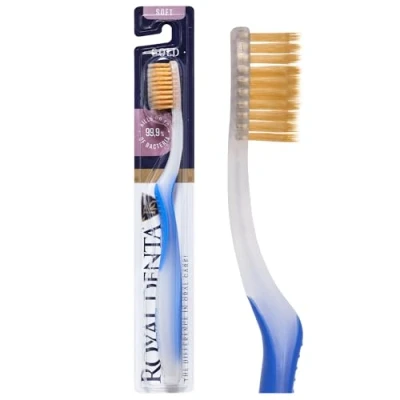 Image of Royal Denta Gold Soft Bristle Toothbrush, Brush for Sensitive Teeth, Dual Length Toothbrush Interdental Cleaning, Particles to Prevent Bacteria, Blue