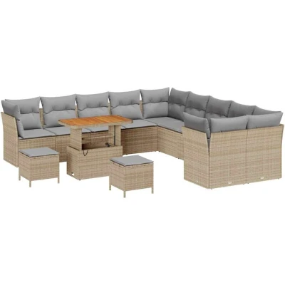 Image of vidaXL 13 Piece Garden Sofa Set with Cushions Beige Poly Rattan Acacia