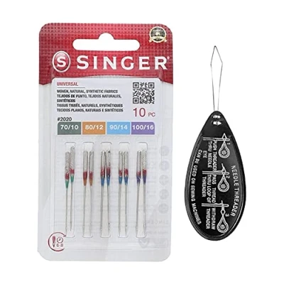 Image of Singer Universal 2020 Sewing Machine Needles, Packet of 10, Assorted Sizes 70/10, 80/12, 90/14 &amp; 100/16, Includes Large Needle Threader