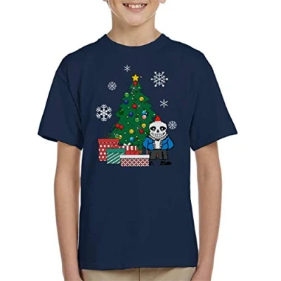 Image of Cloud City 7 Sans Around The Christmas Tree Undertale Kid&#039;s T Shirt Navy Blue