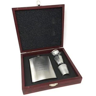 Image of Personalised 8oz Stainless Steel Hip Flask Gift Set in Wooden Presentation Box Engraved with Name and Message of Your Choosing Wedding Birthday Fathers Day