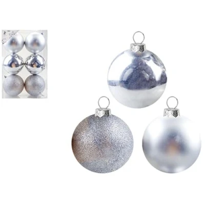 Image of Silver Baubles Christmas Decorations 10 cm (Pack of 6) Assorted Design Glitter, Shiny, And Matte, Perfect For Festive Tree &amp; Garland Embellishments