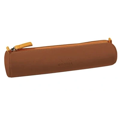 Image of RHODIA 319044C Rhodiarama Copper Round Pencil Case 21.5 x 5.5 cm Genuine Orange Stitching Ivory Jersey Interior Faux Leather Storage for Pens, Pencils, Markers, Small Supplies