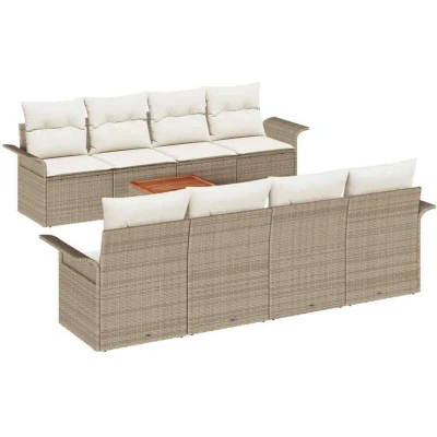 Image of Vidaxl 9 Piece Garden Sofa Set with Cushions Beige Poly Rattan Acacia