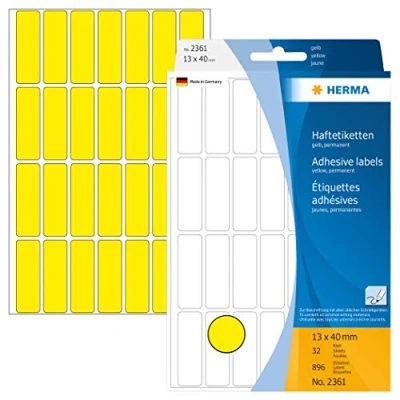 Image of HERMA Multi Purpose Labels, 28 Labels per Sheet, 32 Sheets, 13 x 40 mm, 896 Self Adhesive Small Stickers, Blank Sticky for Office Kitchen Home, Yellow