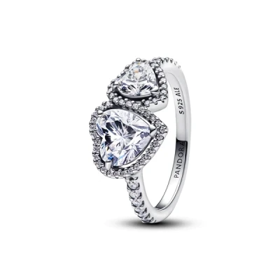 Image of Pandora Double Sparkling Halo Hearts Ring 60