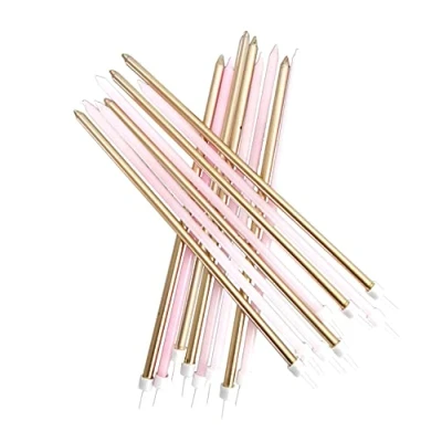 Image of Anniversary House Pack of 16 Extra Tall Slim Birthday Cake Candles with Holders, Pastel Pink and Metallic Gold Mix, 18 Centimeters, Strong Sturdy, AHC214