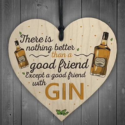 Image of RED OCEAN Good Friend With Gin Novelty Wooden Hanging Heart Plaque Alcohol Garden Joke Sign Birthday Gift