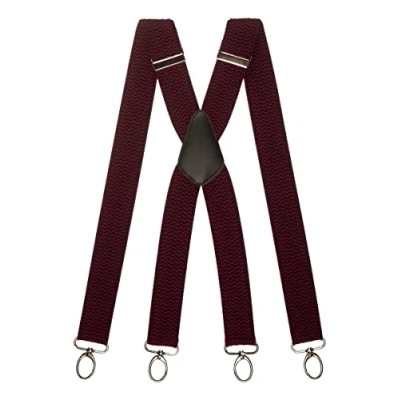 Image of Olata Heavy Duty X Shape Multi Purpose Wide Braces/Suspenders with Carabiner Clips 4cm. Burgundy Red (Silver Clips)