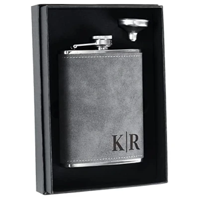Image of Personalised Hip Flask for Men, Customised PU Leather Liquor 8 oz Stainless Steel Engraved Wedding, Bachelor Party, Gift Him, Birthday Gift, Valentine Grey