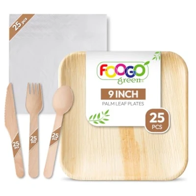 Image of FOOGO Green 125pcs Disposable Palm Leaf Plates, Wooden Cutlery Set and White Napkins, FSC® Certified, 25x Large Square Forks, Knives, Spoons, Eco Friendly