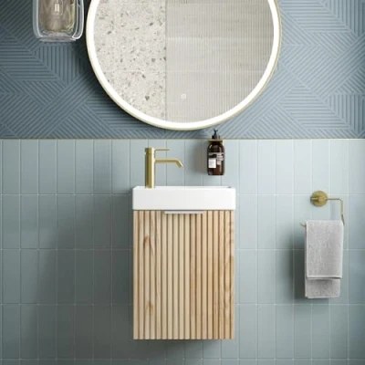 Image of BAYSTONE® Fluted 400mm Wall Hung Vanity Unit with Basin Sink Bathroom Storage Cabinet Cupboard Wood