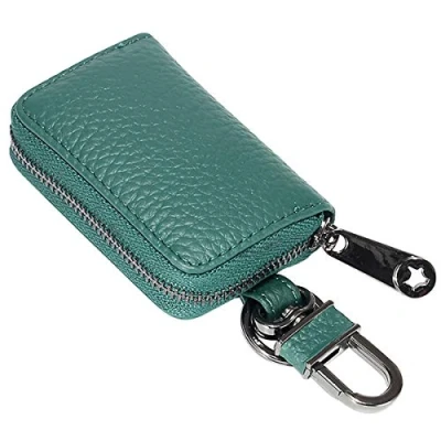 Image of Aileder Car Key Case Holder Genuine Leather Smart Chain Zipper Remote Fob Cover Protector Bag Keyring Wallet (Green)
