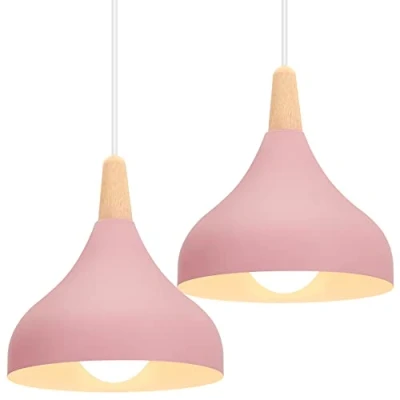 Image of iDEGU Set of 2 Retro Pendant Ceiling Lights Modern Drop Style Hat Lampshade E27 Light Fixture in Metal Wood Lamp for Bedroom, Dining Room, Kitchen, Φ 20 cm (Pink)