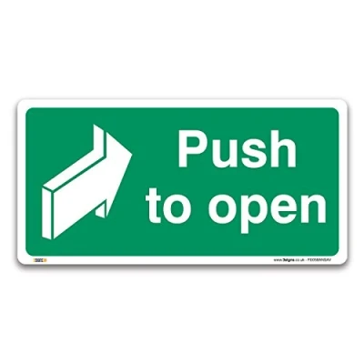 Image of Pack of 2 Push to open Fire exit Signs, Self adhesive Vinyl Sticker 100x50mm, British Standard Safety Door Signs