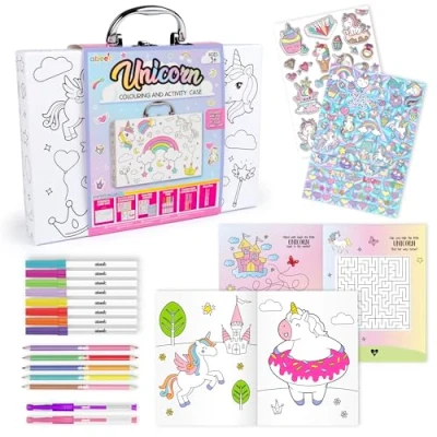 Image of Unicorn Colouring And Activity Case Arts Crafts For Kids, &amp; Book. Stickers, Marker Pens, Double Ended Pencils, Gel Pens