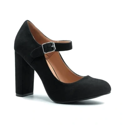 Image of Womens Block High Heels Ankle Strap Court Shoes Ladies Mary Jane Comfort Work Pumps Formal Smart Office Heeled Party Occasion Strappy Slip On Heel Sandals Black Faux Suede
