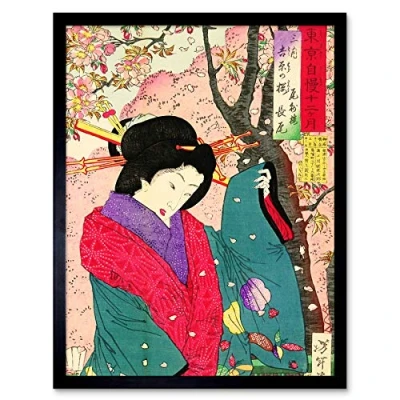 Image of Wee Blue Coo Yoshitoshi Japanese Geisha Blossoms Art Print Framed Poster Wall Decor 12x16 inch