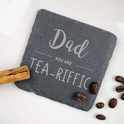 Image of eBuyGB Engraved Drinks Slate Coaster, Tea Riffic, Fathers Day, Dad Birthday Gift, Stoneware