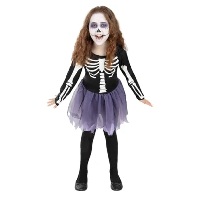 Image of Funidelia Skeleton Costume s for girl Skeleton, Skull, Grim Reaper, Horror kids accessory fancy dress &amp; props Halloween, carnival parties Size 7 9 years Black