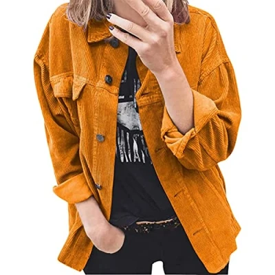 Image of NLAVW Women&#039;s Corduroy Shirt with Button Placket Oversized Long sleeved Jacket Blouse Tops Jacket,Orange,L