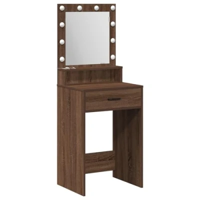 Image of vidaXL Brown Oak MDF Mirror Vanity Table with LEDs 50x41x135 cm for Bedroom
