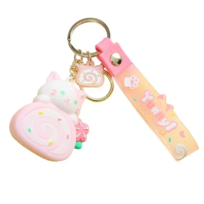 Image of CAOXIAN Kawaii Cat Keychain Cute Cartoon Keyring PVC Cake Roll Key Accessories Bag Pendant Anime Chain for Girl Couple Trinket Gift