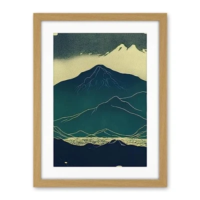 Image of Artery8 Scottish Highlands Lake Mountains Blue Linocut Artwork Framed Wall Art Print 18X24 Inch