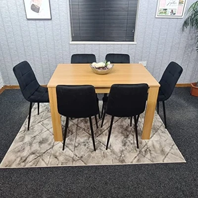 Image of KOSY KOALA Dining Table Set Of 6 Oak Kitchen and Black Tufted Velvet Chairs