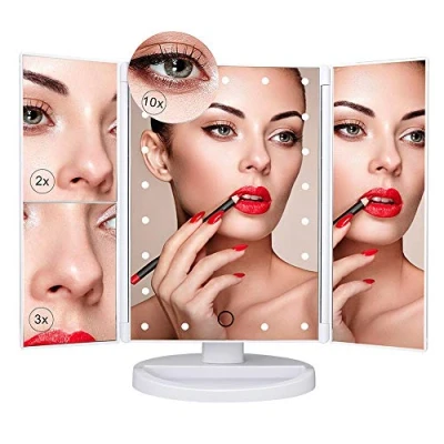 Image of Nestling Vanity Cosmetic/ Makeup Mirror with 22 LED Lights, Touch Screen, Magnification Tri Fold 2X 3X Magnifying, 180 Free Rotation, Dual Power Supply (White)