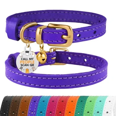 Image of BRONZEDOG Leather Cat Collar with Bells Non Breakaway Kitten QR Tag for Girl Boy (18 22 cm, Purple &amp; Gold)