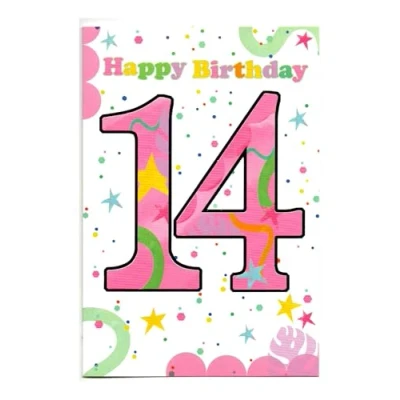 Image of Happy 14th Birthday Card for Girl Flowers Silver Foil Fun Colourful