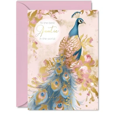 Image of Auntie Birthday Card Gold Peacock Beautiful Happy for from Niece Nephew, 5x7 Inch Female Bird Bday Golden Mothers Day Greeting Cards