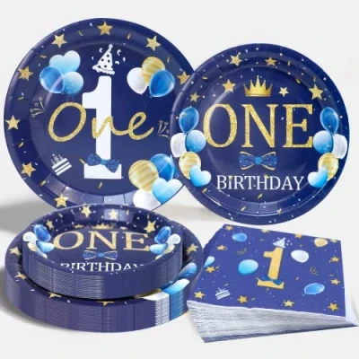 Image of First Birthday Paper Plates Set for Boy, 72Pcs Blue Gold &#039;ONE&#039; Party Napkins Tableware Set, Dinnerware Boys Supplies 1st Decorations