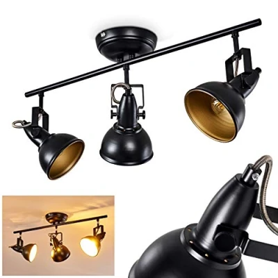 Image of Tina Ceiling Light, Metal lamp in Black/Gold, 3 Flame, with Adjustable spotlights, x E14 Socket, Retro/Vintage Design Spotlight, Without Bulbs