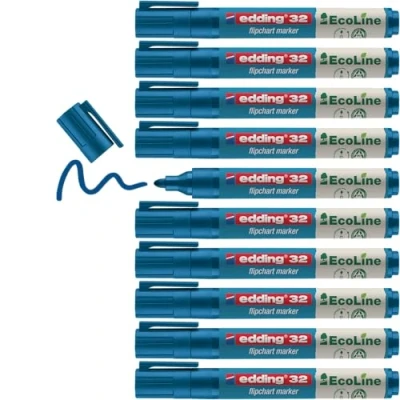 Image of edding 31 EcoLine flipchart marker blue box of 10 round nib 1,5 3 mm for writing, drawing on paper does not bleed through dry out refillable