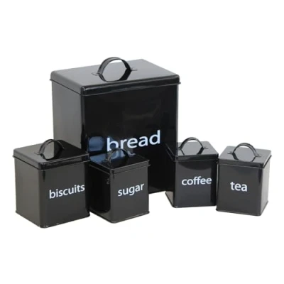 Image of Oypla 5 Piece Black Kitchen Canister Storage Tin Set Bread Biscuits Tea Sugar Coffee