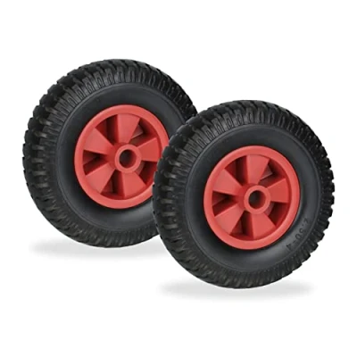 Image of Relaxdays Wheelbarrow Wheels 2.50 4, Set of 2, Solid Rubber, Plastic Centre, up to 80 kg, Replacement Tyre, Black/Red, 2.5 4