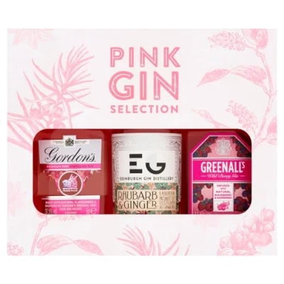 Image of Pink Gin Selection (3x5cl) contains Gordon&#039;s 37.5% ABV, Edinburgh Rhubarb &amp; Ginger 20% Greenall&#039;s Wild Berry ABV.