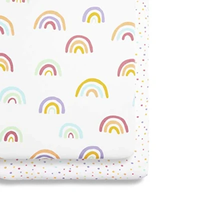 Image of 2 Pack Crib Fitted Sheets 44 x 80cm Rainbow Design Light, Breathable &amp; Luxurious Jersey Cotton Made To Last Designed Fit SnüzPod Bedside Cribs