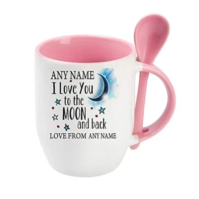 Image of Personalised Any Name I Love You to The Moon &amp; Back Coffee Tea Cocoa Soup Daily use Mug Valentine&#039;s Day Birthday Party gage Keepsake Unique Ceramic Cup Mug. (Pink Spoon)