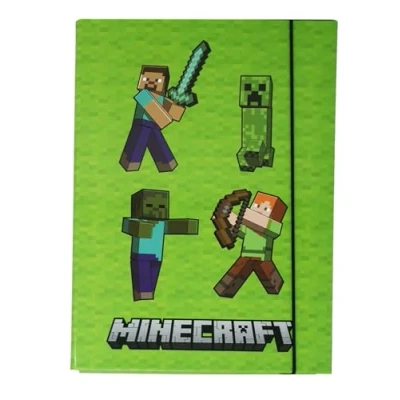 Image of Sturdy Children&#039;s Box, File Folder for School Bag, Dossier with Elastic Band and Inner Flaps, DIN A4 (Minecraft Green)