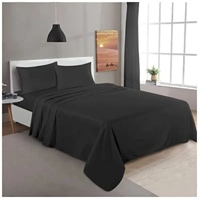 Image of GC GAVENO CAVAILIA Thermal Flannel Flat Sheets Double Hypoallergenic, Shrinkage Flannelette Top Brushed Cotton Bedding Black Bed Sheet