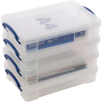 Image of MaryMo Really Useful 4 Litre Storage Boxes, Pack of 4, Clear Plastic with Lid, Heavy Duty