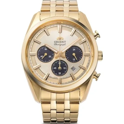 Image of Orient Stretto Solar Chronograph 40mm Champagne Dial Gold Colour Strap Men’s Watch RA TX0301G10B
