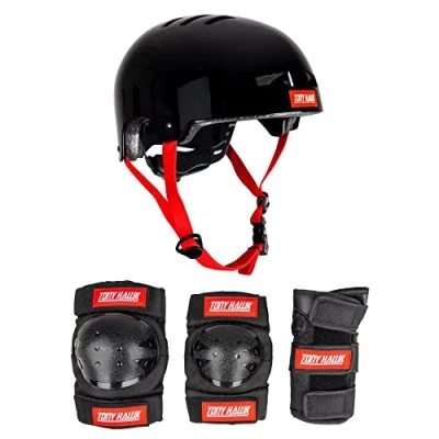 Image of Tony Hawk Helmet &amp; Padset 4 8 Yrs Protective Kit, Youth Unisex, Black/Red (Multicoloured), S/M