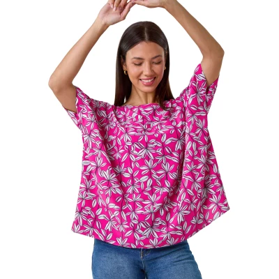 Image of Roman Originals Leaf Print Oversized Top for Women UK Ladies Everyday Holiday Spring Summer Round Neckline Comfy Soft Evening Vacation Work Party Magenta Size 12